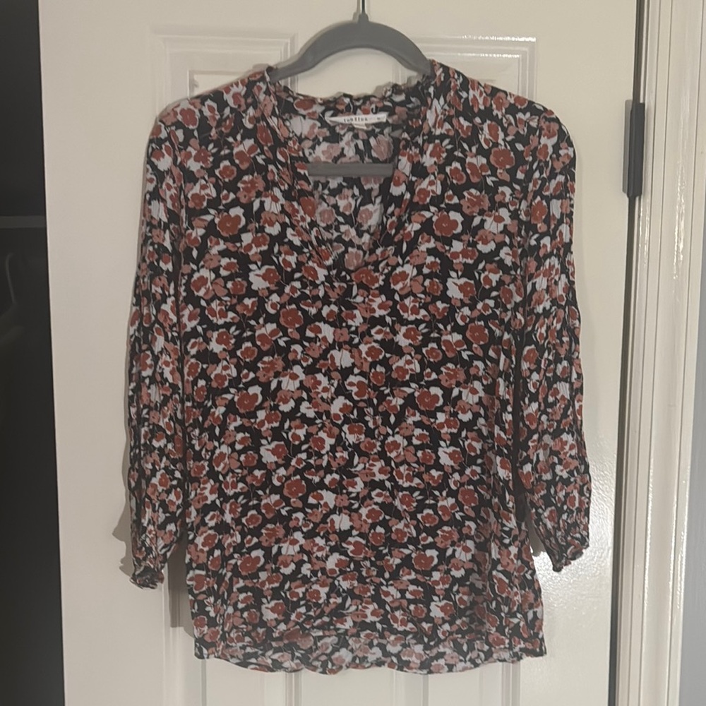 fun 2 fun Black and Pink Ruffled Blouse with 3/4 Sleeves and Mandarin Collar